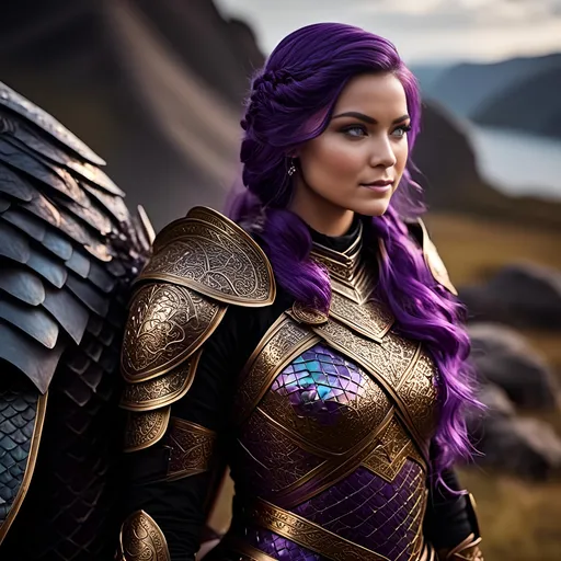 Prompt: Photo of <mymodel> in her suit of dragon-scale armor, single strand of braided hair draped over her right shoulder, rest of her hair is down her back