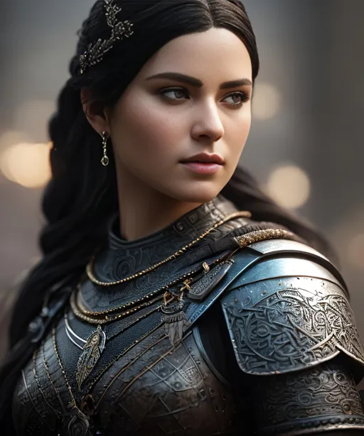 Prompt: she has black hair, create most beautiful fictional female viking princess warrior, black hair, extremely detailed environment, detailed background, intricate, detailed skin, professionally color graded, photorealism, 8k, moody lighting