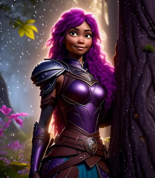 Prompt: <mymodel>CGI Animation, digital art, 20-year-old-old viking woman with light blue eyes, it is raining, she is of royalty standing at night next to a tree with her hands resting on the bark, she is in a dimly lit thick forest with trees everywhere, dense fog, {{black gear, purple armor}}, purple hair, single braid down her shoulder with a tiara, subtle smile, unreal engine 8k octane, 3d lighting, close up camera shot on the face, full armor