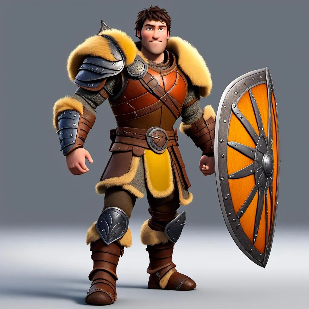 Prompt: <mymodel>Animated CGI style of a fierce Caucasian Viking with dark hair, intense gaze, realistic yellow armor with bursts of orange textures, high quality, CGI, realistic, intense gaze, viking, male, Caucasian, detailed facial features, fur textures, highres, professional, intense lighting