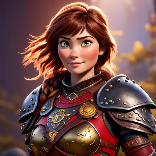 Prompt: <mymodel>CGI Animation of a viking female, brown hair, hazel eyes, bright red gear and armor, yellow highlights and textures, intricate details, high quality, digital painting, cool tones, dramatic lighting