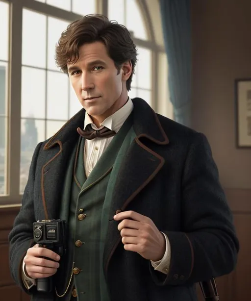 Prompt: Digital art, Rob Kendall who is a morning talk show host on 93.1 WIBC is trying to solve The Mystery of the Broken Camera, sherlock holmes clothing, old English coloring and styling