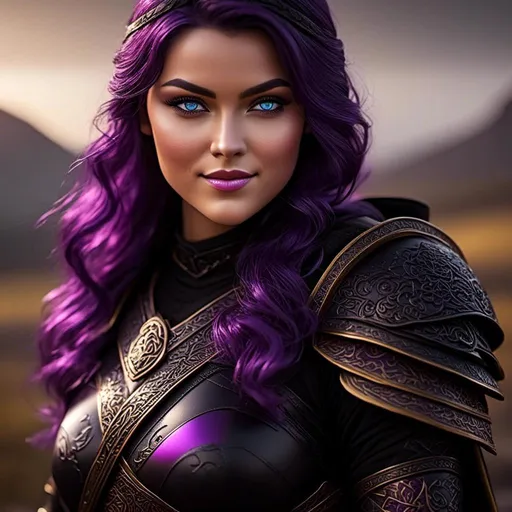 Prompt: <mymodel>25-year-old viking woman, subtle smile, light blue eyes, black gear, bright black armor, black textures and highlights, unreal engine 8k octane, 3d lighting, full body, full armor