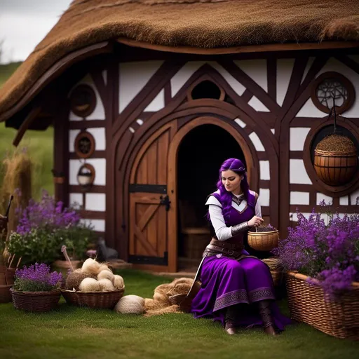 Prompt: Photo of <mymodel> tending to her garden beside her viking house