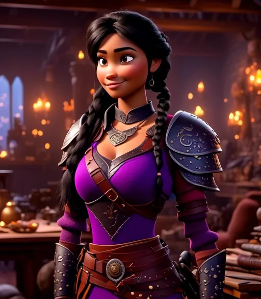 Prompt: <mymodel>CGI Animation, digital art, 20-year-old-old viking woman with {{{{light blue eyes}}}}, she is standing in her library, she is of royalty, {{black gear, purple armor}}, black hair with purple strands, single braid down her shoulder with a tiara, subtle smile, unreal engine 8k octane, 3d lighting, close up camera shot on the face, full armor