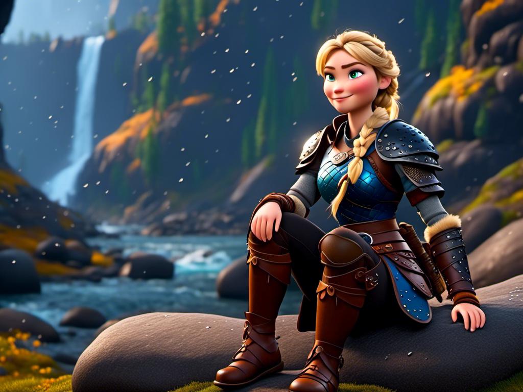 Prompt: <mymodel>CGi Animation, 20-year-old viking woman with blue eyes, ((she is wearing a tiara)), a rainy scene, she is sitting on a boulder in a forest, the viking woman has a subtle smile with it pouring down rain, blonde hair in a ponytail style, she has blue gear, gold armor, black pants, black boots