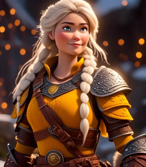 Prompt: <mymodel>CGI Animation, digital art, 20-year-old-old viking woman with light blue eyes, yellow clothes, gold colored armor, white hair, double braids down her shoulders with a tiara, subtle smile, unreal engine 8k octane, 3d lighting, close up camera shot on the face, full armor