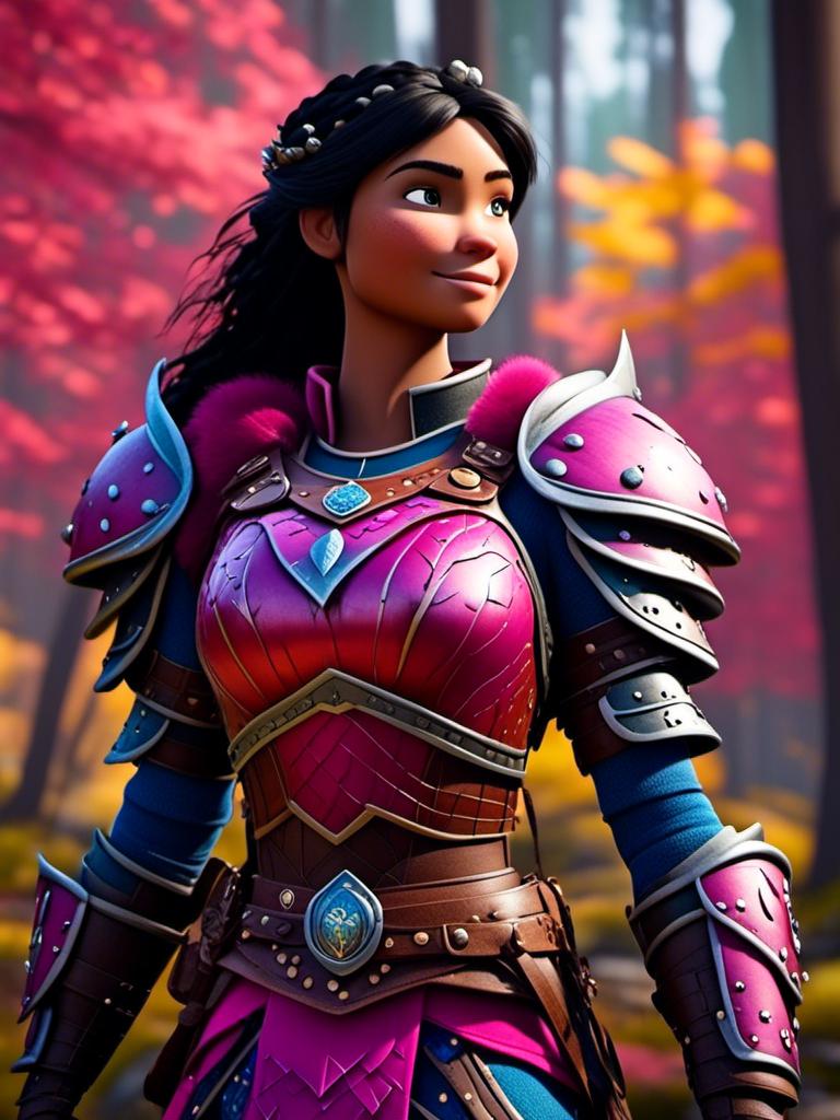 Prompt: <mymodel>CGI Animation, digital art, 20-year-old-old viking woman of royalty standing in the forest with bright sunshine, {{pink gear, blue armor}}, black hair, straight hair with a tiara, subtle smile, unreal engine 8k octane, 3d lighting, close up camera shot on the face, full armor