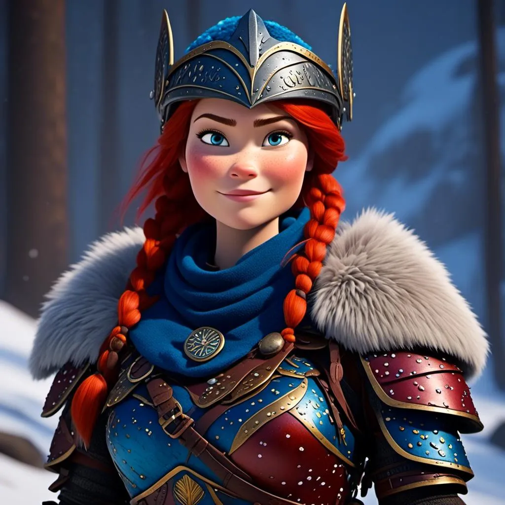 Prompt: <mymodel>CGi Animation, 25-year-old viking woman warrior with blue eyes, a snowy scene, the viking woman has a subtle smile, red hair, she has red gear, gold armor with bursts of blue textured splotches, black pants, black boots