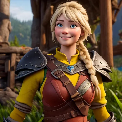 Prompt: <mymodel>CGi Animation, 20-year-old viking woman with two hair braid, subtle smile, blonde hair, blue eyes, green gear, green armor, yellow clothes, yellow textures and highlights, unreal engine 8k octane, 3d lighting, full body, full armor