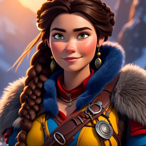 Prompt: <mymodel>CGI Animation, close-up portrait of the face, 20-year-old-old pirate viking woman sitting on a snow bank, a snowy scene, {{yellow gear, blue armor}}, black hair, an updo style of hair pulled back into straight hair, subtle smile, beads hair, small red earrings, multiple braids, yellow gear, straight hair, green eyes, bracelets, rings on fingers, mercenary gear, unreal engine 8k octane, 3d lighting, close up camera shot on the face, full armor