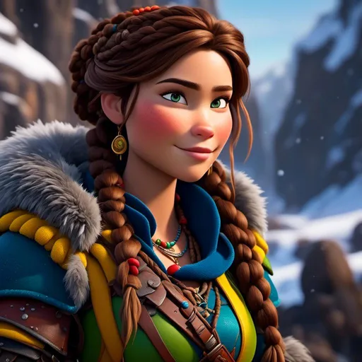 Prompt: <mymodel>CGI Animation, close-up portrait of the face, 20-year-old-old pirate woman sitting on a snow bank, a snowy scene, {{yellow gear, blue armor}}, brunette hair, dreadlocks, subtle smile, beads hair, small red earrings, multiple braids, yellow gear, straight hair, green eyes, bracelets, rings on fingers, mercenary gear, unreal engine 8k octane, 3d lighting, close up camera shot on the face, full armor