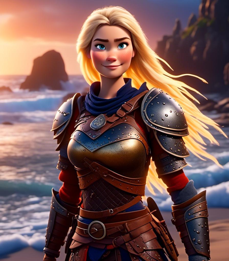 Prompt: <mymodel>CGI Animation, digital art, 20-year-old-old viking woman with blue eyes standing around several hot springs on a beach, blue clothes, blue colored armor, sunset lighting, blonde straight hair, subtle smile, unreal engine 8k octane, 3d lighting, cinematic lighting, camera shot of full armor from head to toe