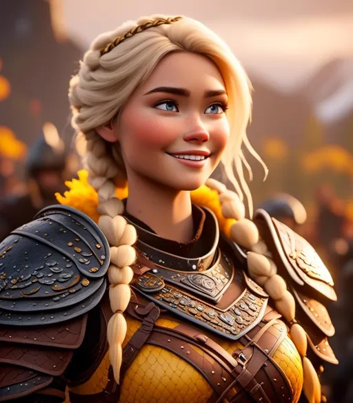 Prompt: <mymodel>CGI Animation, digital art, 20-year-old-old viking woman with light blue eyes, yellow clothes, gold colored armor, white hair, double braids down her shoulders with a tiara, subtle smile, unreal engine 8k octane, 3d lighting, close up camera shot on the face, full armor