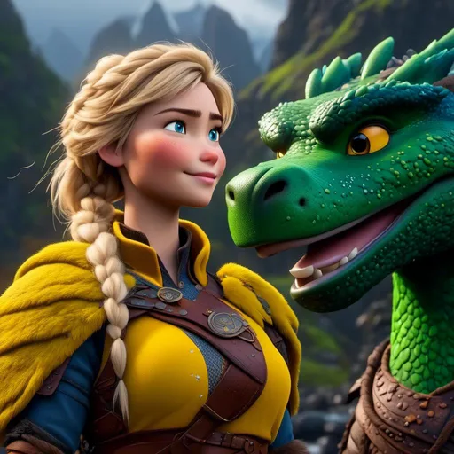 Prompt: <mymodel>CGi Animation, 20-year-old viking woman with one hair braid, rainy scene, subtle smile, blonde hair, blue eyes, green gear, green armor, yellow clothes, she is standing next to a blue dragon, yellow textures and highlights, unreal engine 8k octane, 3d lighting, full body, full armor