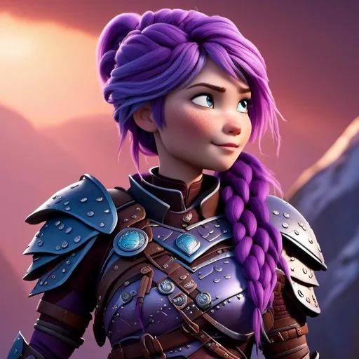 Prompt: <mymodel>CGI Animation of a viking female, purple hair in a single braid, light blue eyes, purple and black gear and armor, intricate details, high quality, digital painting, cool tones, dramatic lighting