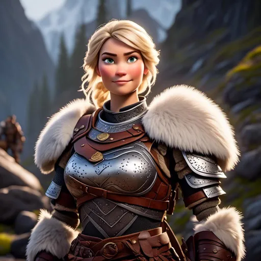 Prompt: digital CGI art of <mymodel>, 27-year-old modest Young woman viking, white gear, she has two iron frying pans to use as weapons, blonde hair, Quite well-built and lean muscled, green gold eyes, assassin's creed Valhalla armor, very short curly blonde hair