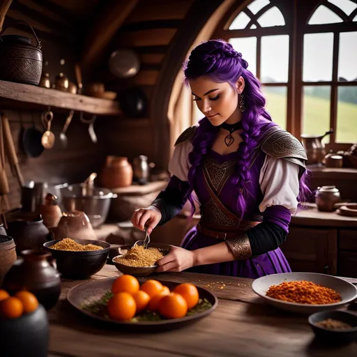 Prompt: Photo of <mymodel> working in the kitchen preparing food in her viking house