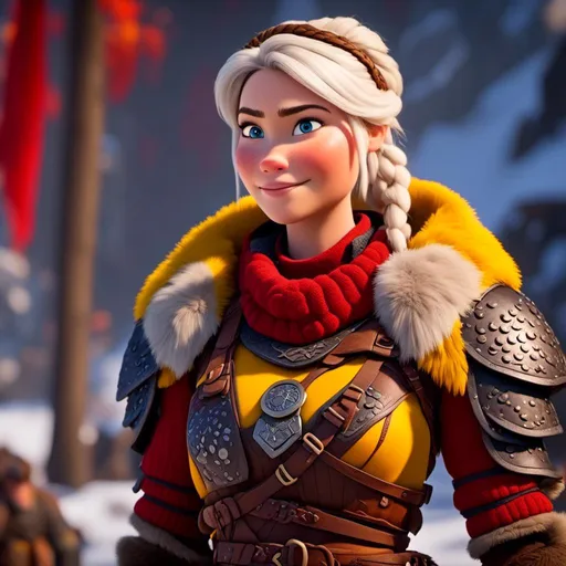 Prompt: <mymodel>CGi Animation, 20-year-old viking woman with one hair braid, subtle smile, white hair, blue eyes, blue gear, yellow armor, red clothes, yellow textures and highlights, unreal engine 8k octane, 3d lighting, full body, full armor