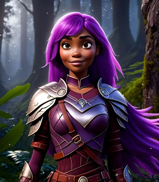 Prompt: <mymodel>CGI Animation, digital art, 20-year-old-old white viking woman with light blue eyes, it is raining, she is of royalty standing at night next to a tree with her hands resting on the bark, she is in a dimly lit thick forest with trees everywhere, dense fog, {{black gear, purple armor}}, purple hair, single braid down her shoulder with a tiara, subtle smile, unreal engine 8k octane, 3d lighting, close up camera shot on the face, full armor