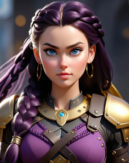 Prompt: Digital art, 20-year-old woman viking, dark purple hair, one braid, light blue eyes, black gear, gold armor, unreal engine 8k octane, 3d lighting, full body, full armor