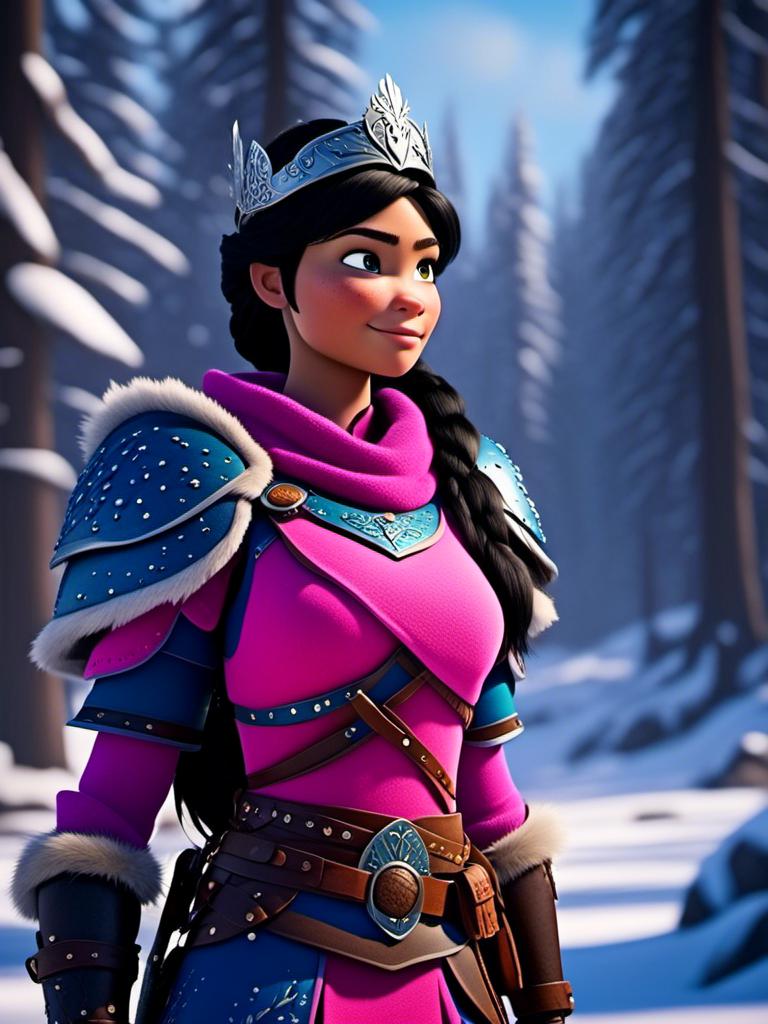 Prompt: <mymodel>CGI Animation, digital art, 20-year-old-old viking woman of royalty standing in the forest, a snowy scene, {{pink gear, blue armor}}, black hair, straight hair with a tiara, subtle smile, unreal engine 8k octane, 3d lighting, close up camera shot on the face, full armor