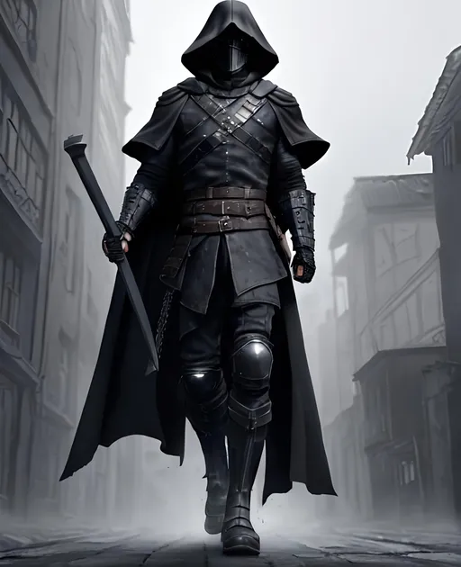 Prompt: Digital Art, a sinister viking man, black armor, a long black cloak down to the feet, an armored mask, black gear, a black helmet fully covering his face, with a black ponytail coming from the helmet, black bracers, black pants, black boots, unreal engine 16k octane, 3d lightning