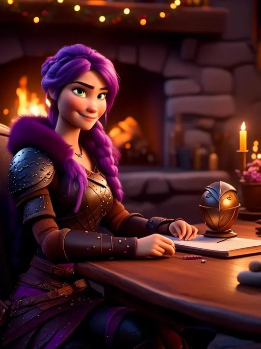 Prompt: <mymodel>CGI Animation, digital art, 20-year-old-old viking woman of royalty sitting at a desk in her home in the living room next to the fireplace, light blue eyes, {{black gear, purple armor}}, purple hair, single braid down her shoulder with a tiara, subtle smile, unreal engine 8k octane, 3d lighting, close up camera shot on the face, full armor