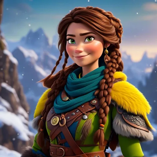 Prompt: <mymodel>CGI Animation, close-up camera shot on the face, 20-year-old-old pirate woman, a snowy scene, {{yellow gear, blue armor}}, brunette hair, dreadlocks, subtle smile, beads hair, small red earrings, multiple braids, yellow gear, straight hair, green eyes, bracelets, rings on fingers, mercenary gear, unreal engine 8k octane, 3d lighting, close up camera shot on the face, full armor