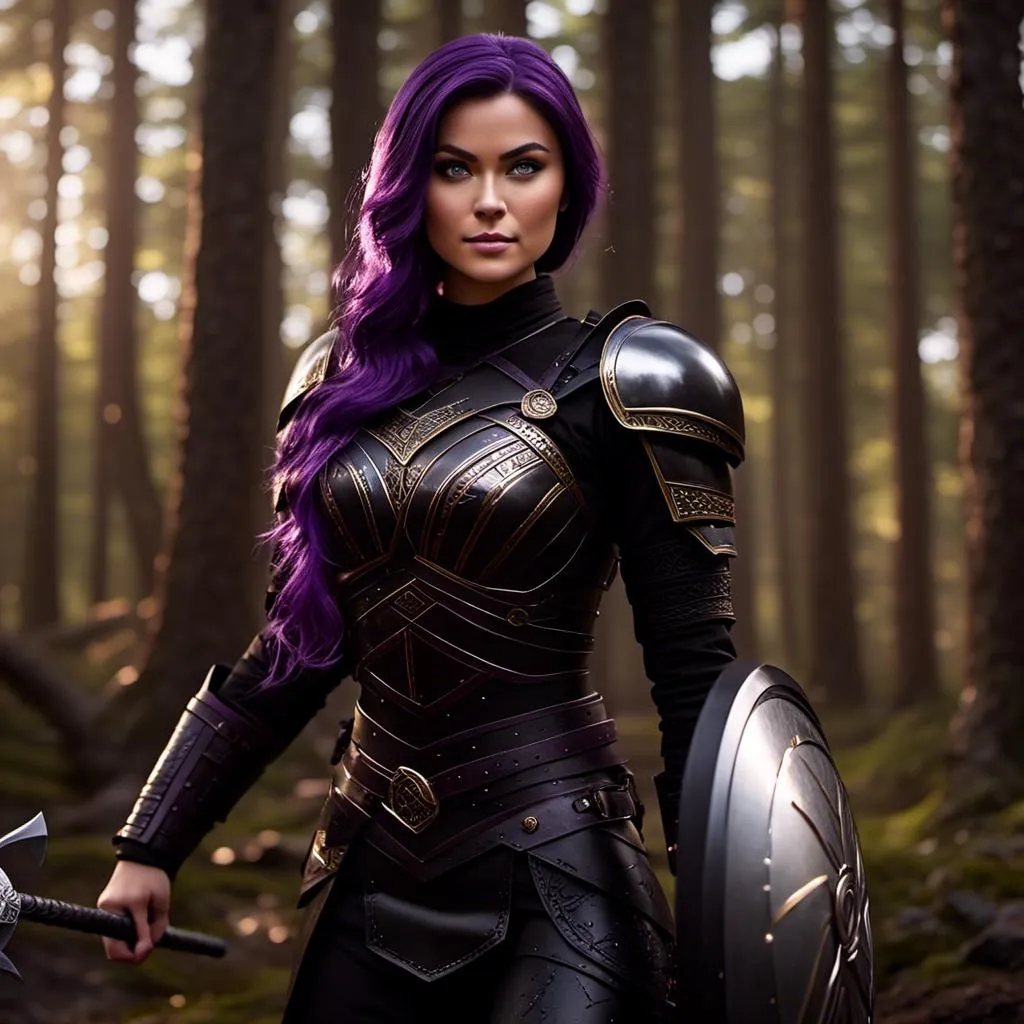 Prompt: <mymodel>25-year-old viking woman, subtle smile, light blue eyes, black gear, bright black armor, wearing an iron-man like suit of armor, black textures and highlights, fighting in the forest in an intense sword battle with Einar Verodfellar, short focus, blurry background, unreal engine 8k octane, 3d lighting, full body, full armor