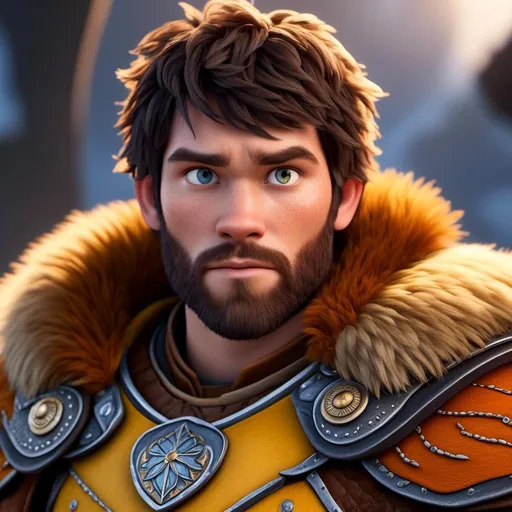 Prompt: <mymodel>Animated CGI style of a fierce Caucasian Viking with dark hair, intense gaze, realistic yellow armor with bursts of orange textures, high quality, CGI, realistic, intense gaze, viking, male, Caucasian, detailed facial features, fur textures, highres, professional, intense lighting