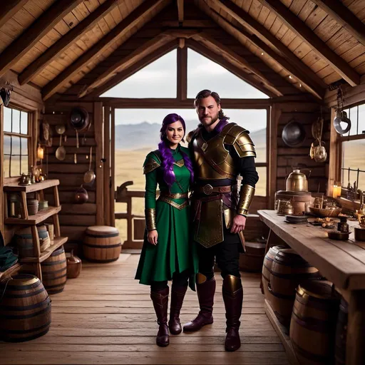 Prompt: Photo of <mymodel> standing in his hut with her husband Jarl Everson who has brown short wavy hair and green gear