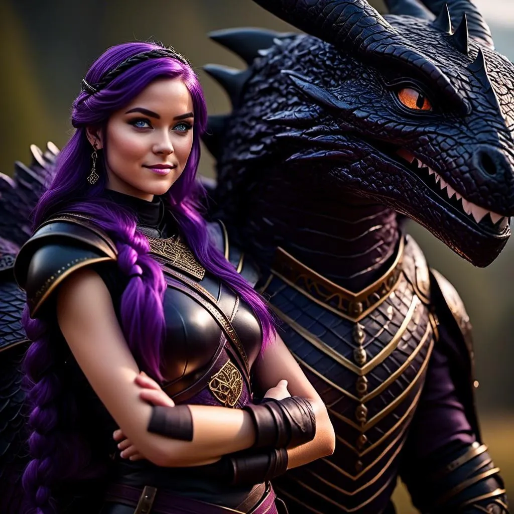 Prompt: Photo of <mymodel> standing next to her ((black)) razorwhip dragon from "How to Train Your Dragon"