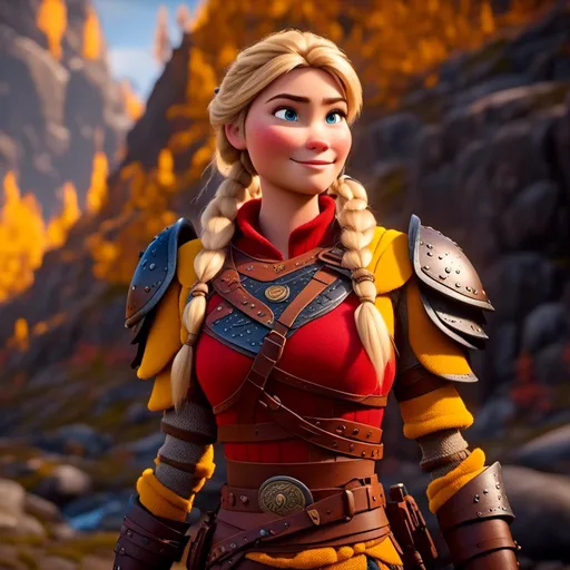 Prompt: <mymodel>CGi Animation, 20-year-old viking woman with one hair braid, subtle smile, blonde hair, blue eyes, blue gear, yellow armor, red clothes, yellow textures and highlights, unreal engine 8k octane, 3d lighting, full body, full armor