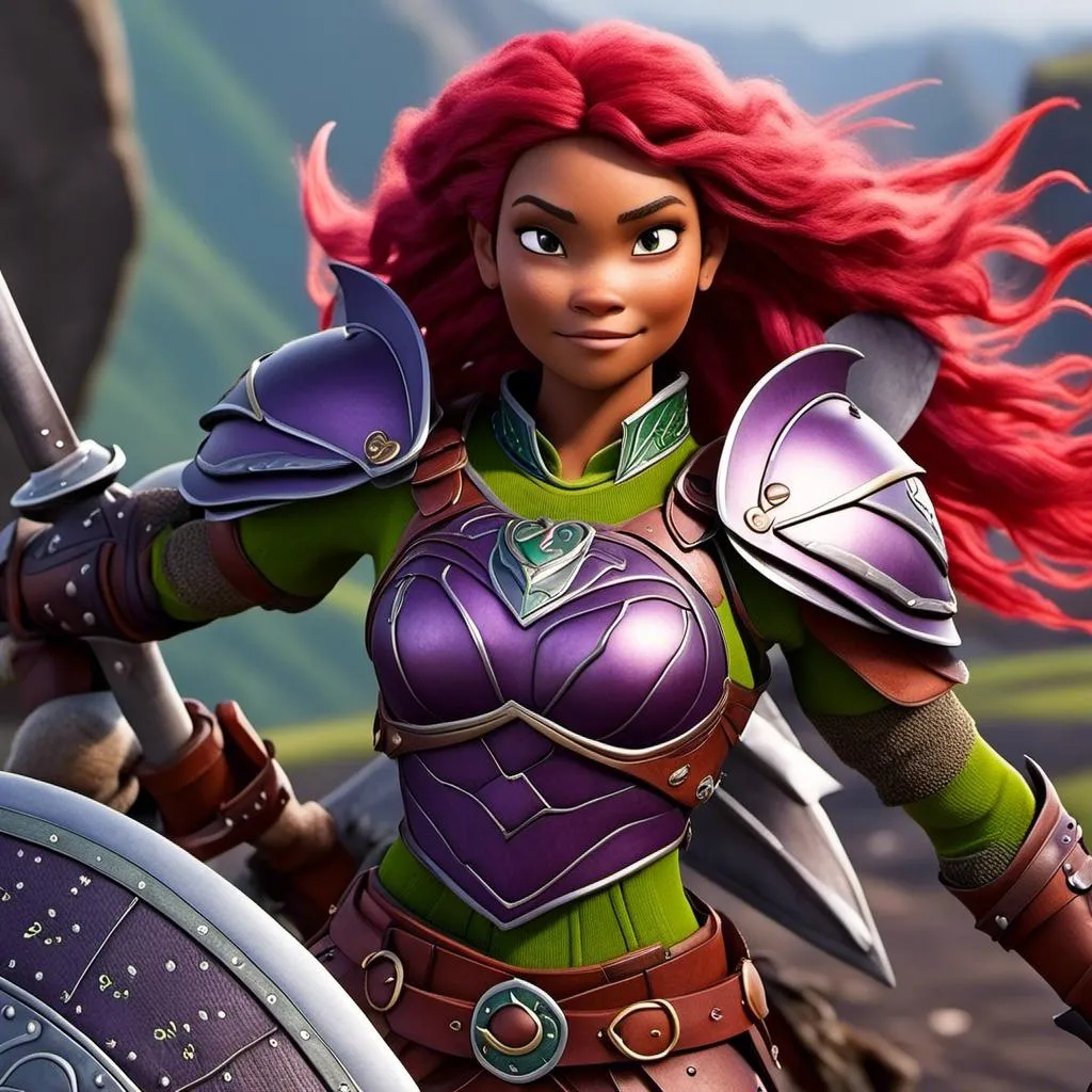 Prompt: <mymodel>Animated CGI style of a fierce Caucasian white Viking female about 25 years old, purple hair, detailed facial features, leather armor ((red)) and green armor, battle axe and shield, intense and determined expression, dynamic and powerful pose, high definition, CGI, detailed armor, fierce female, Nordic designs, battle-ready, dynamic pose, professional lighting