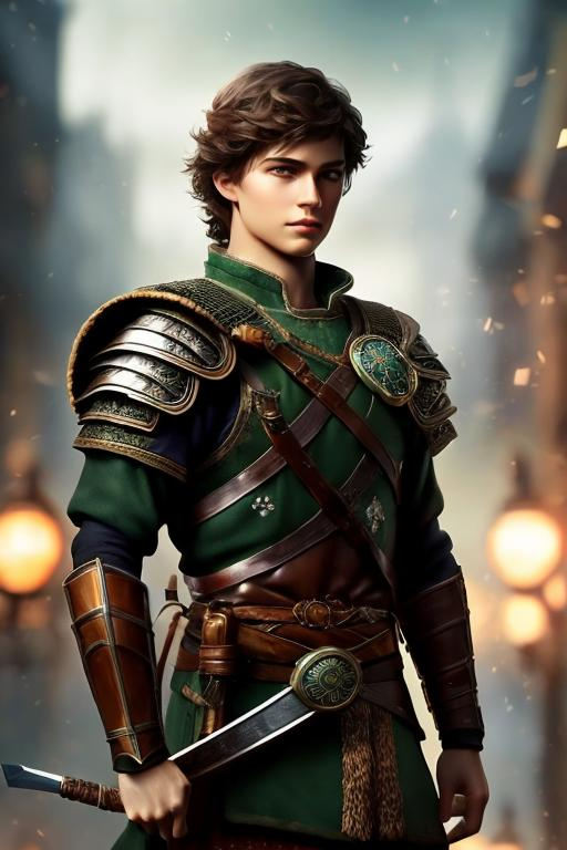 Prompt: he has short brown hair, slight smile, create most handsome fictional male prince viking warrior, short brown hair, light green eyes, extremely detailed environment, detailed background, intricate, detailed skin, professionally color graded, photorealism, 16k, moody lighting