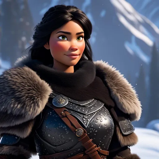 Prompt: <mymodel>CGi Animation, 25-year-old viking woman warrior with brown eyes, a snowy scene, the viking woman has a subtle smile, black hair, she has black gear, black armor, black textures, black pants, black boots