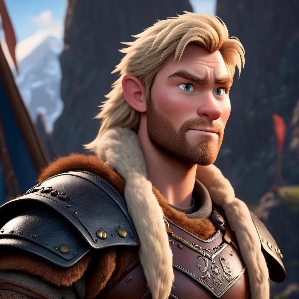 Prompt: <mymodel>Animated CGI style of a fierce Caucasian Viking with blonde hair, intense gaze, realistic fur and clothing textures, high quality, CGI, realistic, intense gaze, viking, male, Caucasian, detailed facial features, fur textures, highres, professional, intense lighting