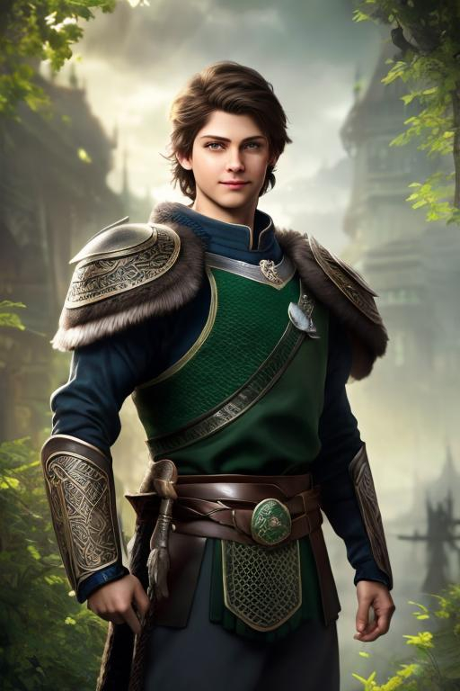 Prompt: he has short brown hair, with a smile, create most handsome fictional male prince viking warrior, short brown hair, light green eyes, extremely detailed environment, detailed background, intricate, detailed skin, professionally color graded, photorealism, 16k, moody lighting