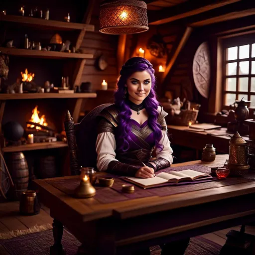 Prompt: Photo of <mymodel> casually relaxing sitting at a desk in her viking house, she has light blue eyes