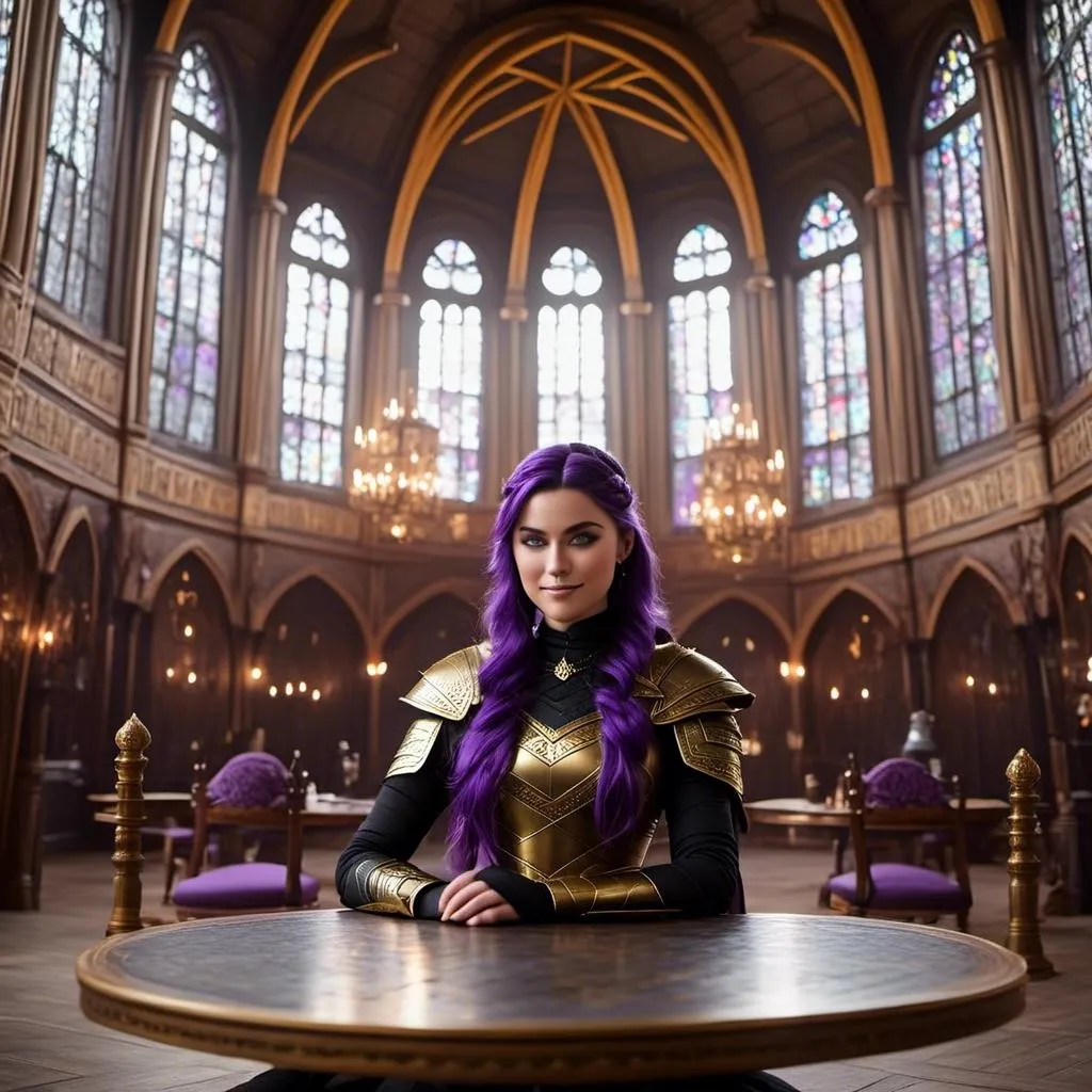 Prompt: Photo of <mymodel> sitting at a table in The Great Hall
