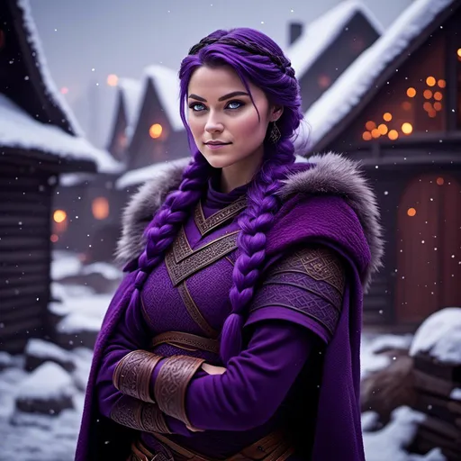 Prompt: Photo of <mymodel> she has a single braid down her shoulder with a heavy purple fur coat wearing a hood with a purple fur edge, she is in a viking village standing as snow falls