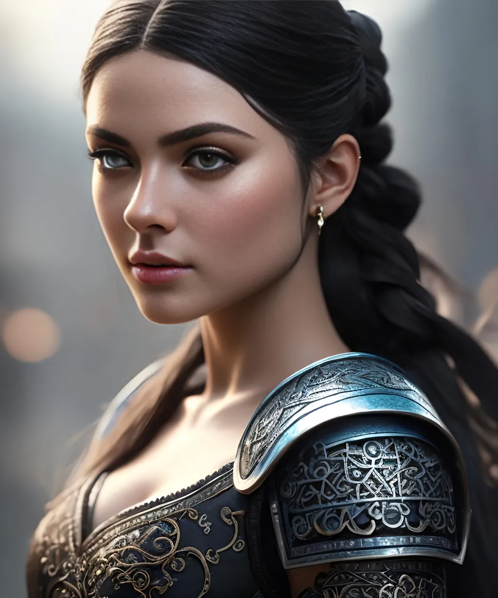 Prompt: she has black hair, create most beautiful fictional female viking princess warrior, black hair, light blue eyes, extremely detailed environment, detailed background, intricate, detailed skin, professionally color graded, photorealism, 8k, moody lighting