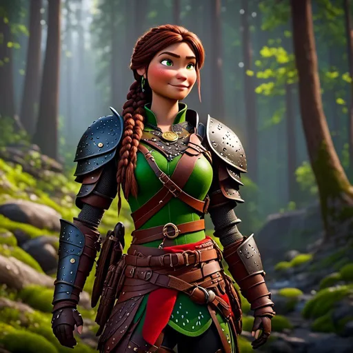 Prompt: <mymodel>CGI Animation, 20-year-old-old pirate woman, thick forest scene, {{brown gear, silver armor}}, brunette hair, dreadlocks, subtle smile, beads hair, small red earrings, multiple braids, green gear, straight hair, green eyes, bracelets, rings on fingers, mercenary gear, unreal engine 8k octane, 3d lighting, full body, full armor