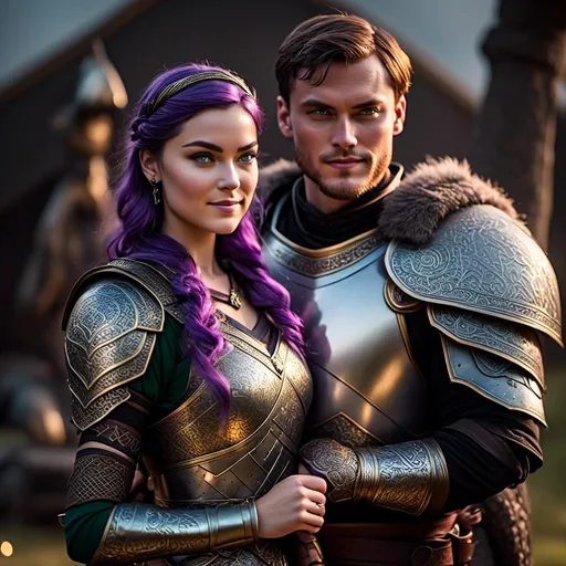 Prompt: Photo of <mymodel> standing next to her young husband Jarl Mollerson who has green gear and silver armor and ((short brown hair)), she is slightly shorter than him, Jarl Mollerson has a young looking face