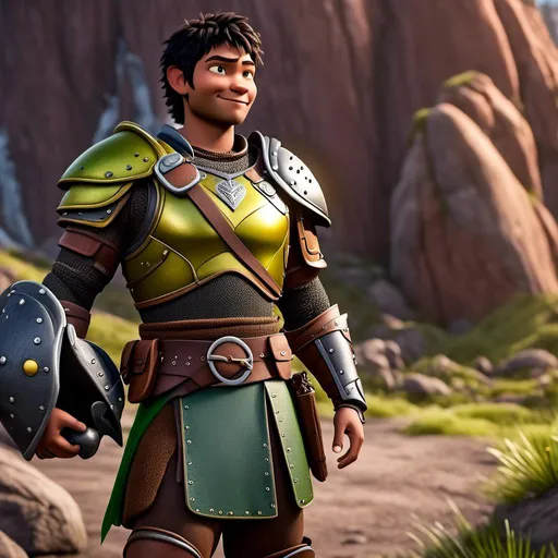 Prompt: <mymodel>Animated CGI style of a fierce ((Caucasian Viking male)) with black hair of the style of side swept undercut, joyous gaze, yellow gear and green armor, realistic clothing textures, high quality, CGI, realistic, viking, male, Caucasian, detailed facial features, highres, professional, intense lighting