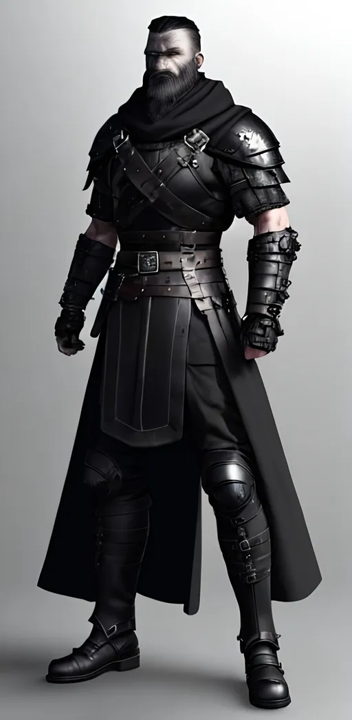 Prompt: Digital Art, a sinister viking man, black armor, black helmet, black visvor for helmet, black gear, with a black ponytail coming from the helmet, a long black cloak, black bracers, black pants, black boots, unreal engine 8k octane, 3d lightning