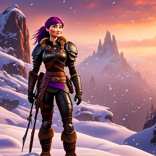 Prompt: Photo of <mymodel> standing in the snow, viking warrior, purple hair, single braid down her shoulder, black gear, gold armor, black pants, gold boots