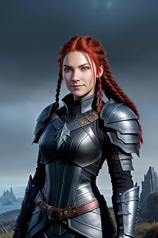 Prompt: Digital art, black rogue gear, black adventurer armor, Medium build, slightly broad-shouldered, (((DreamShaper Version 1))), Berk of How to Train Your Dragon, viking woman, subtle smile, red hair, cornrow braids, blue eyes, ((black gear, black armor,)) unreal engine, 8k octane, 3d lighting, full body, full armor