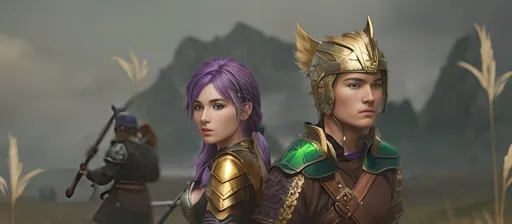 Prompt: create a female and male viking warriors, the female has purple hair and is holding and axe, her gear is black and silver.

The male has short brown hair with a gold helmet and holds a sword, his gear is shades of green with brown leather

They are in a grassy field